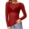 thumbnail image 2 of WULMLEO Womens Sheer Mesh Tops Shirts, Long Sleeve Mock Neck See-Through Slim Ladies Blouse T-Shirt Clubwear Wine 2XL, 2 of 5
