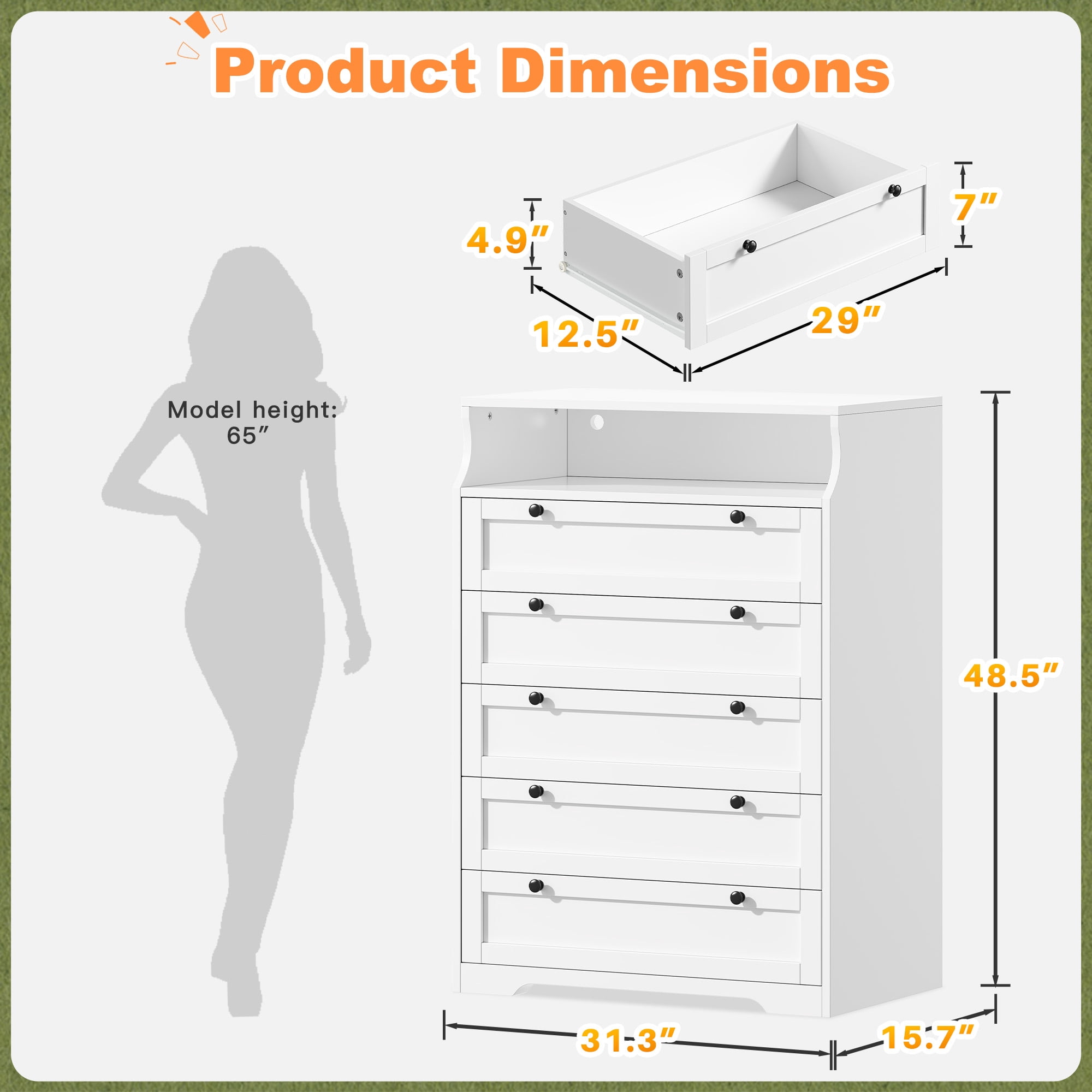 White Dresser for Bedroom with 5 Drawers,Modern Chest of Drawers with LED Lights and 2 Shelves for Living Room,Hallway