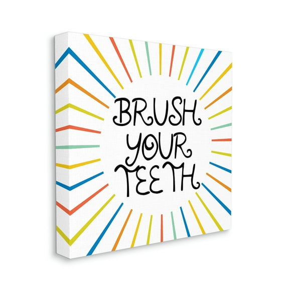 Kids' Brush Your Teeth Bathroom Rules Rainbow Stripes Typography Gallery-Wrapped Canvas Print Wall Art, 17x17