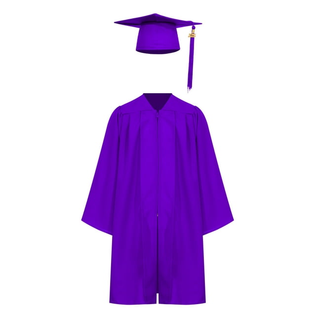TTAO Kids Unisex Graduation Gown Robe Cap V Neck Set with 2025 Badge Tassel for School Graduation Purple 36