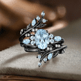 thumbnail image 2 of Oval Cut Aquamarine Engagement Ring Gothic Art deco&nbsp;14K Black Gold Vermeil- Leaf Vine Wedding Band, 2 of 5