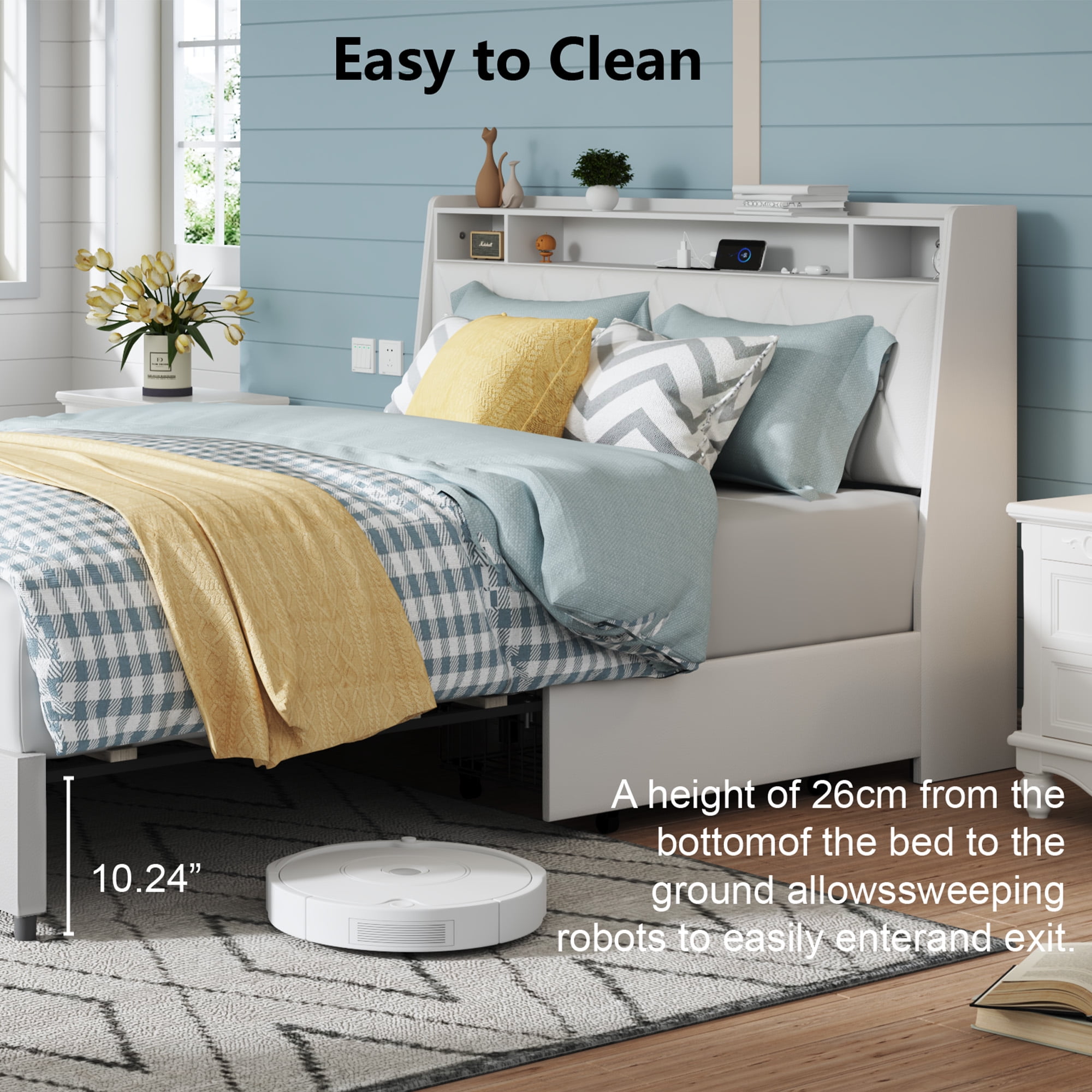 Miniyam Queen Size Upholstered Bed with Outlets & Charger, Storage Drawers for Adult, White