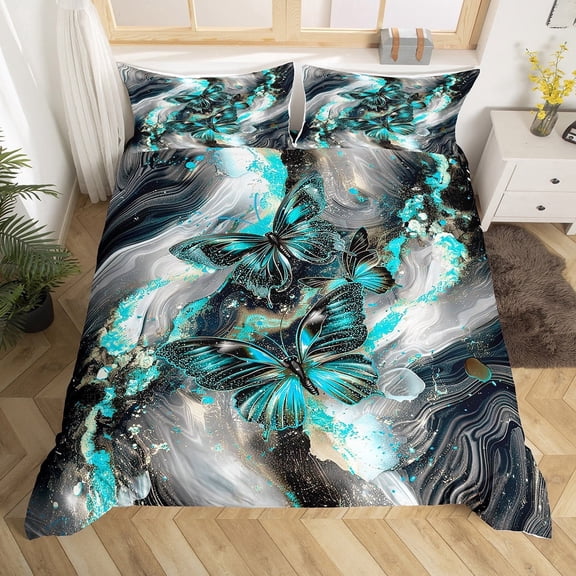 Black Marble Duvet Cover Set Blue Butterfly Comforter Cover,Cyan Marbling Queen Bedding Sets,Abstract Ombre Ink Fluid Art Bed Set Rustic Animal Dreamy Butterflies Room(No Comforter)