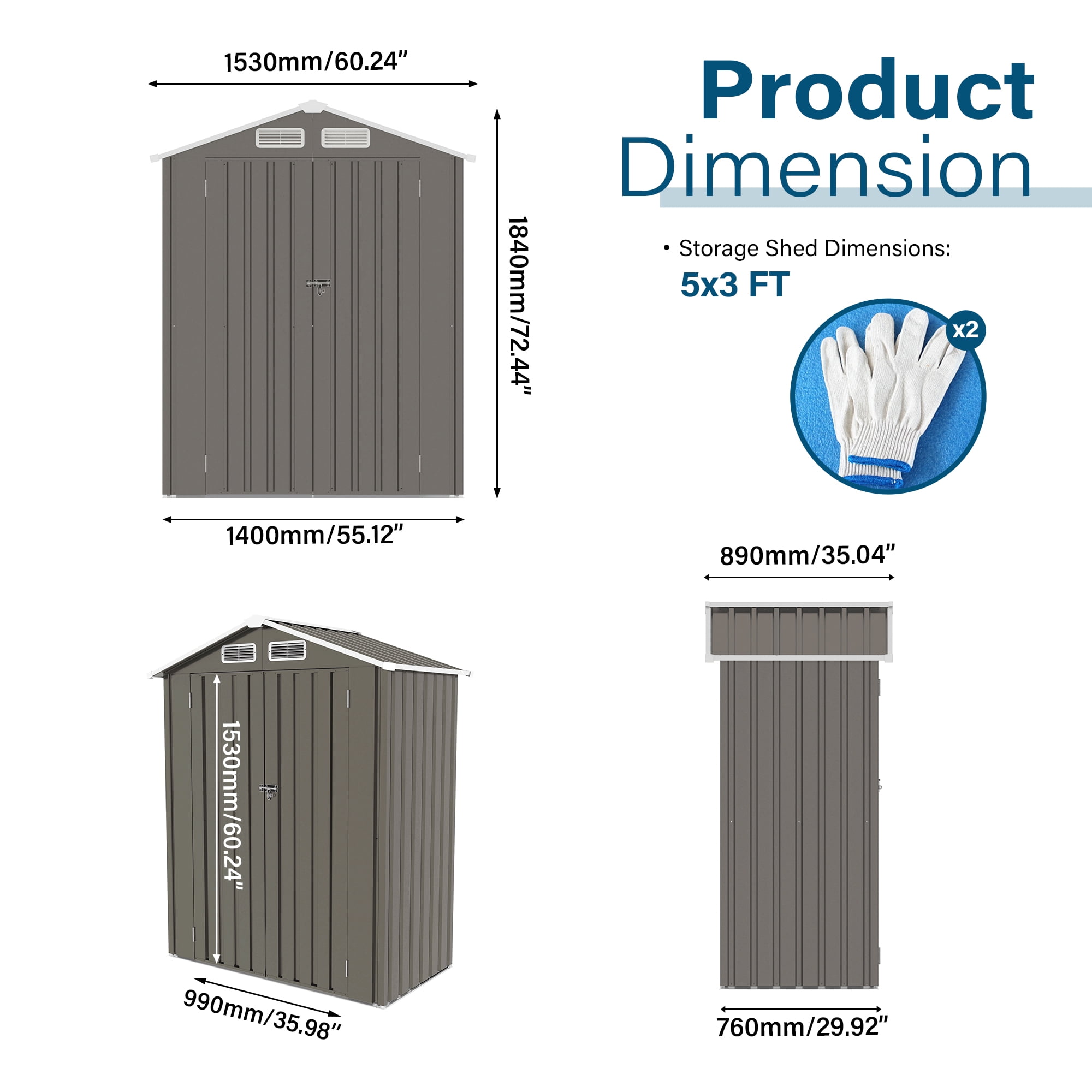 5' x 3' Outdoor Storage Shed, Metal Garden Shed with Single Lockable Door, Tools Storage Shed for Backyard, Patio, Lawn, Gray