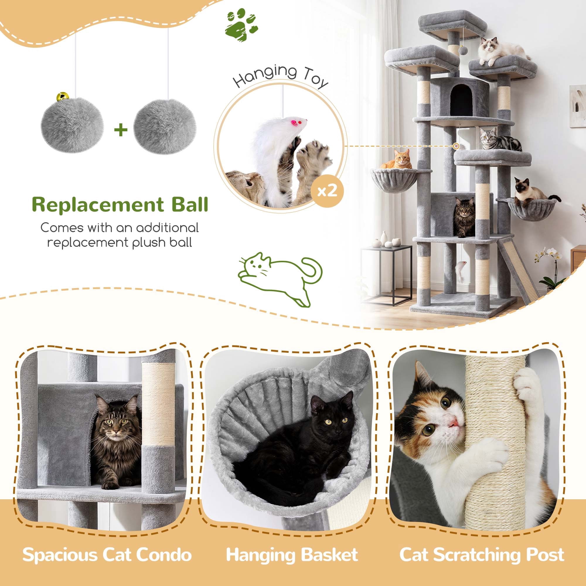Globlazer 80in Heavy Duty Cat Tree for Large Cats, Multi-Level Cat Furniture Activity Center with 2 Condos, 2 Hammocks, 3 Perches & Sisal Scratching Posts，Light Grey