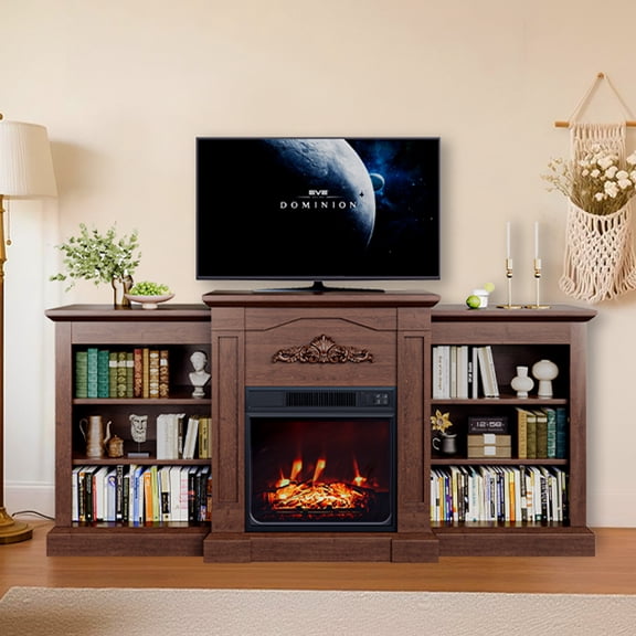 Ataucjin Entertainment Center, 67" Farmhouse Electric Fireplace TV Stand, Rustic Brown Media Console with 23" Built-in Heater & Remote Control &12 Flame Colors & Storage Cabinets & Open Shelves