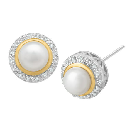Duet Freshwater Pearl Halo Stud Earrings with Diamonds in Sterling Silver and 14kt Yellow Gold