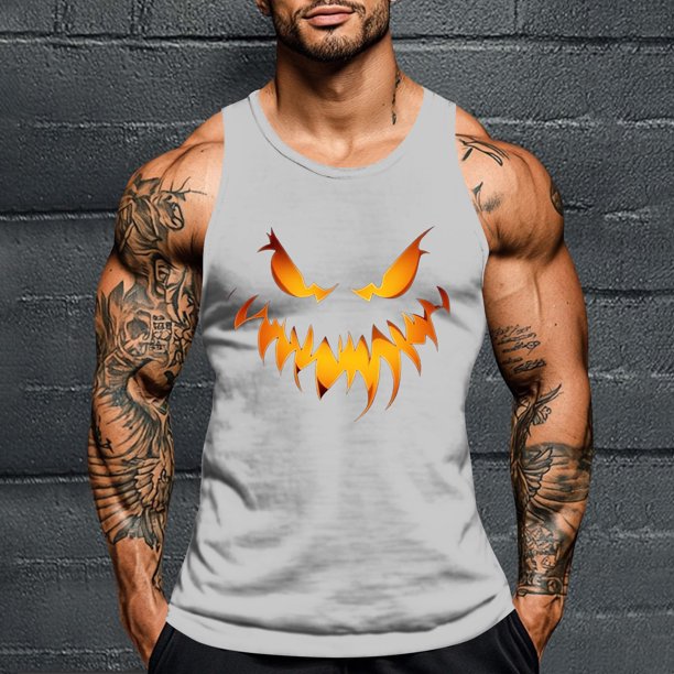 Camiseta sin mangas de cuello redondo para hombre, con estampado de Halloween, cuello redondo, estilo informal, deportiva, para hombre