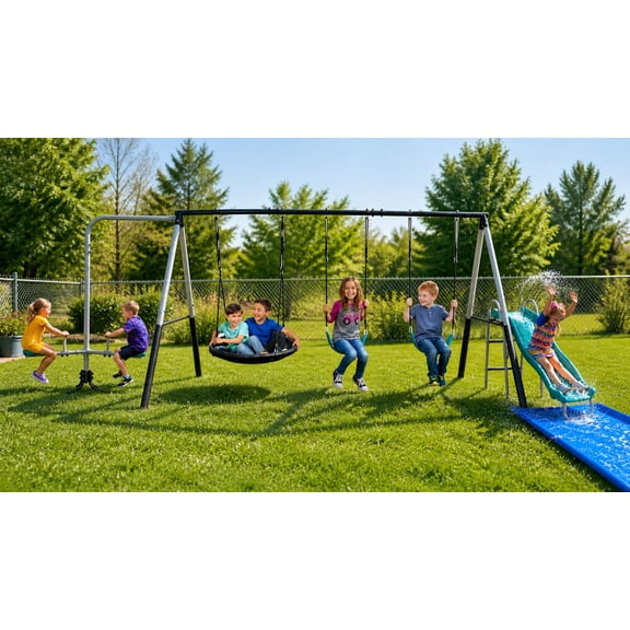 Lark Madison 8-Child Swing Set Wavy Water Slide & 6 Ft Water Tarp, Disc Swing, 2 Sling Swings, with Adjustable Heavy Duty Ropes, 16-Gauge Weather Resistant Steel Frame