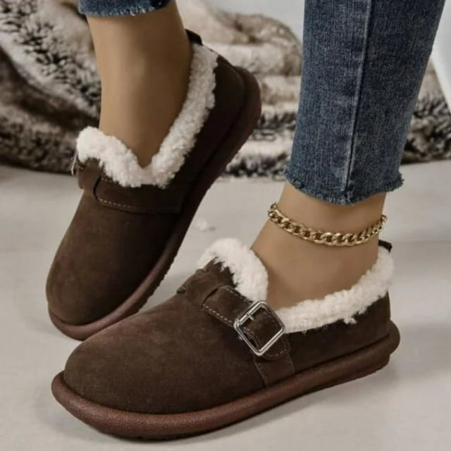 Zapatos de mujer de piel y cuero, todo en uno, cálidos, con suela gruesa y acolchado de algodón, forrados con vellón, engrosados, sin cordones, estilo retro, Boken