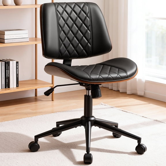 Homall Armless Office Chair, Curved Wood Accent Desk Chair with Adjustable Height, PU Task Chair for for Small Spaces, Black