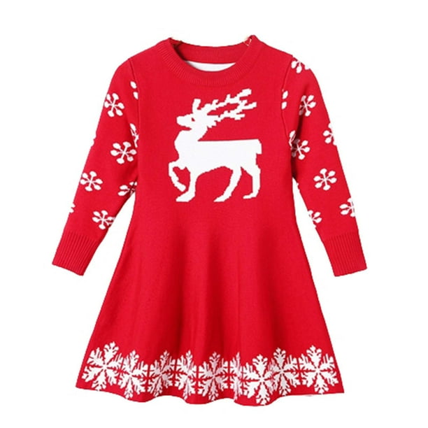 Vestido Para Niñas Ropa Para Bebés Ropa Para Niños Vestido Suéter Navideño Vestido Cervatillo Rojo Odeerbi LM103-7691
