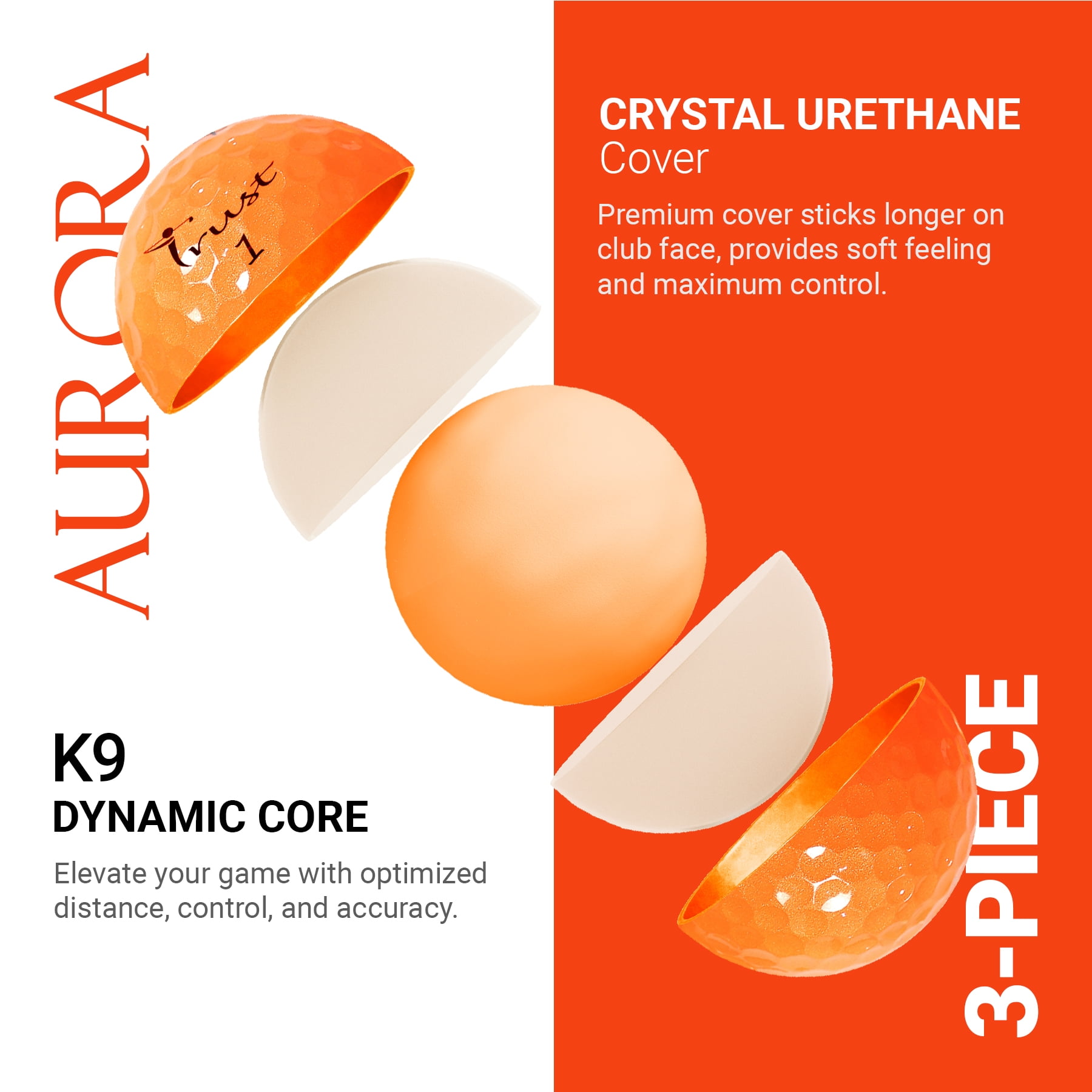 Trust Aurora Bright Orange. Crystal Urethane Cover with Dynamic Core, 3 Piece Golf Ball, Soft Feeling (4 Dozen)