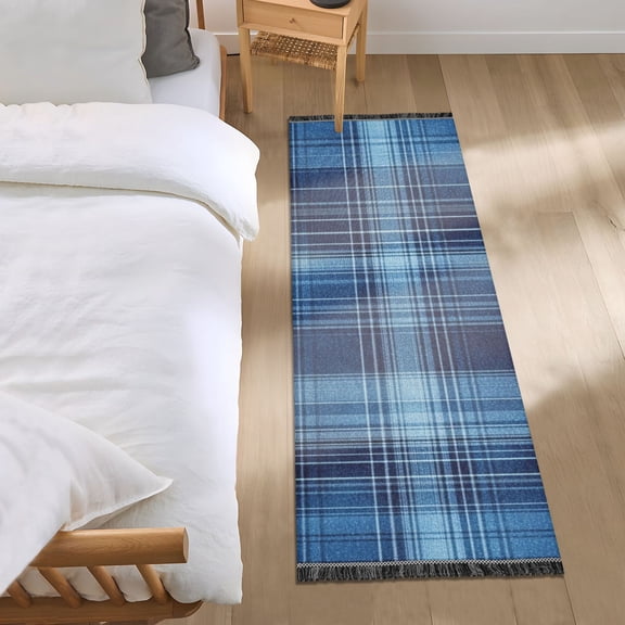 Blue Plaids Bedside Runner Rug 2'x 6' Non Slip Carpet Floor Mat Area Rug