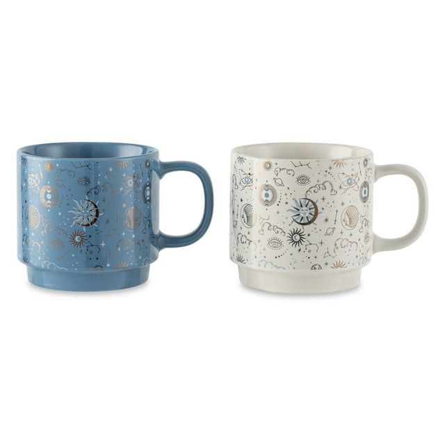 Thyme & Table 2 Pack Stacking Celestial White and Blue Mugs 14.2 fl oz, Stoneware