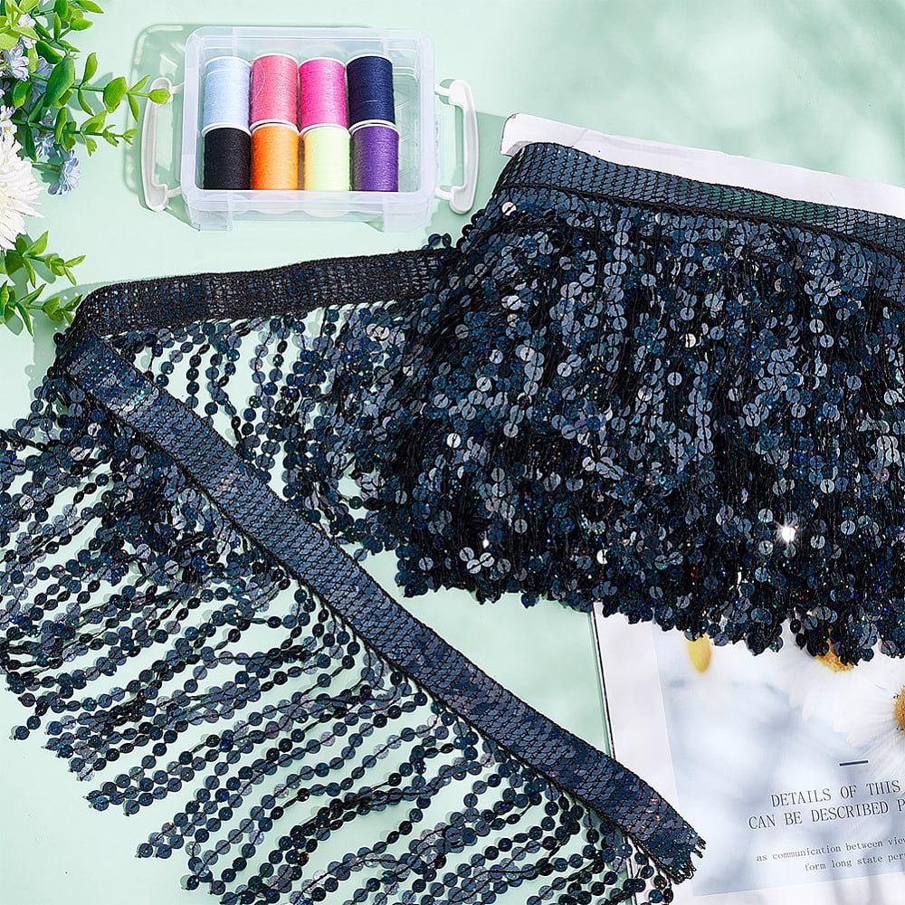 10 Yards Sequins Fringe Trim 6.25 Inch Black Sequin Tassel Sewing Fringe Trim Long Glitter Lace Tassel Fringe for DIY Craft Latin Dress Shawls