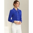 thumbnail image 2 of Camisa casual de contraste con cuello Peter Pan para mujer, blusa de trabajo con mangas abullonadas Azul real S, 2 of 6