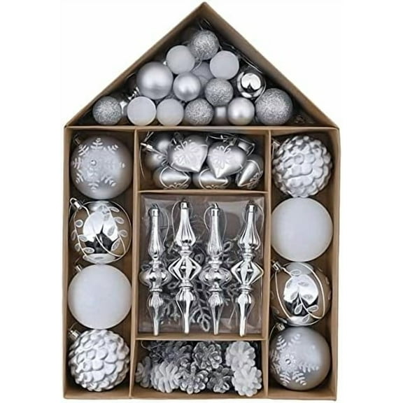 Christmas Tree Decorations Set for, 70ct White Silver Shatterproof Christmas Ball Ornaments Bulk, Winter Wonderland Forest Hanging Ornaments for Holiday Wedding Party Decor