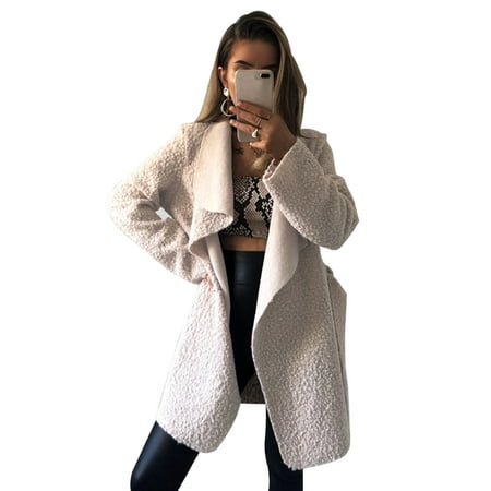 Wool Lapel Long Coat Women Winter Warm Trench Parka Jacket Overcoat Cardigan Outwear Asymmetrical Irregular