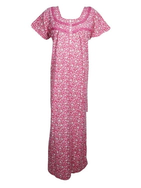 Mogul Women Pink Floral Maxi Dress Cap Sleeves Round Neck Sleepwear, Nightwear Cover Up Housedress XL