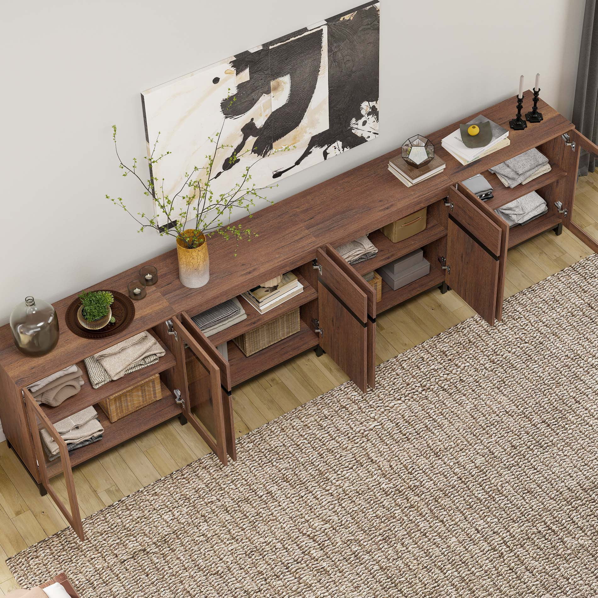 4 In 1 Modern Dresser with Glass Doors and Adjustable Shelves, Metal Base Storage Chest, Multifunctional Closet Organizer Storage Cabinet for Bedroom Home Use,Brown
