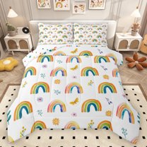 Manfei Vintage Multicolor Rainbow Full Size Comforter Sets,Kawaii Daisy Floral Bedding Comforter Set,Colorful Flowers Bedding Sets For Kids,Luxury Bedroom Decor Reversible,3 Pieces