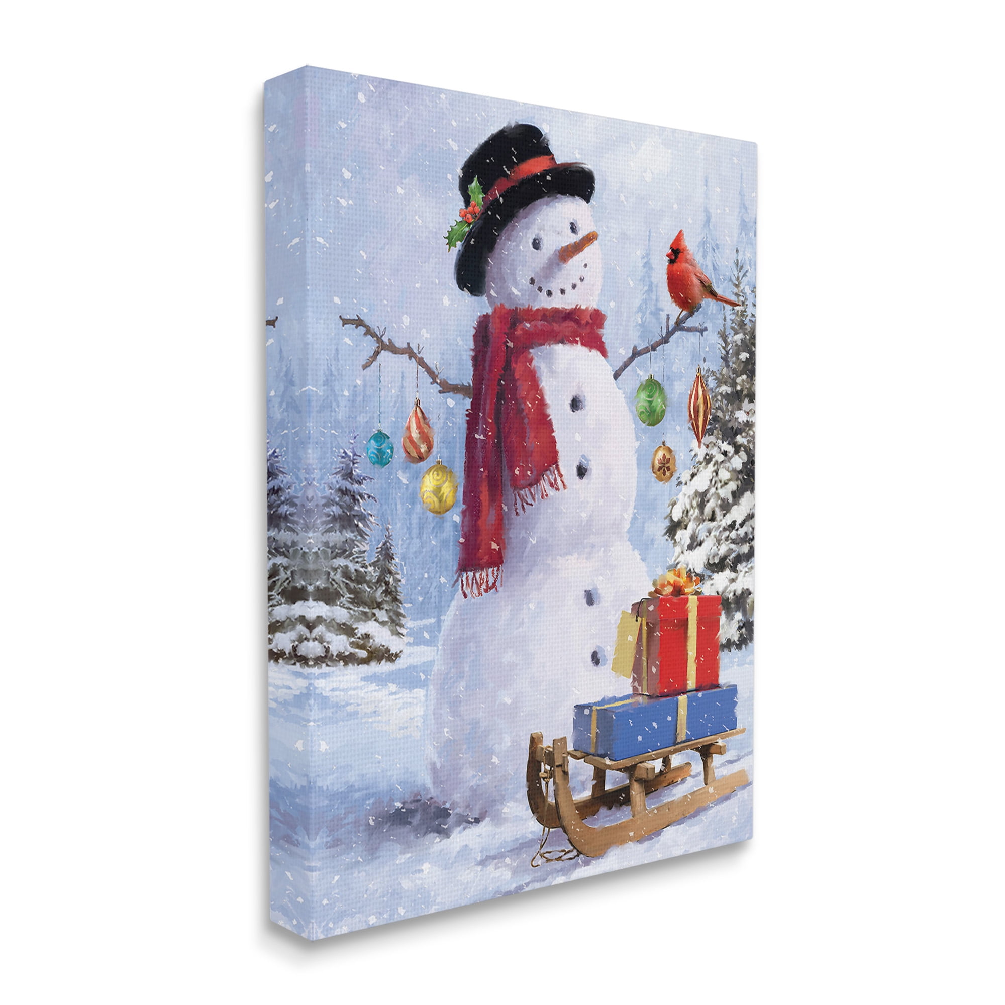 Stupell Industries Snowman with Gift Sled Landscape Painting Gallery Wrapped Canvas Art Print Wall Art, 16 x 20