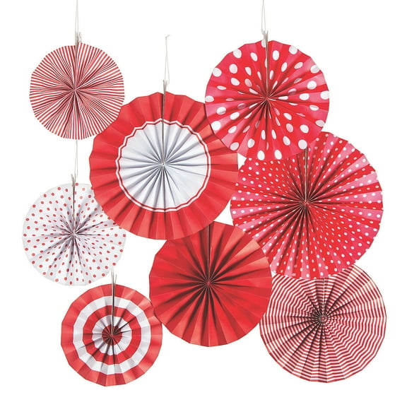 Red Paper Fan Assortment - Party Decor - 8 Pieces