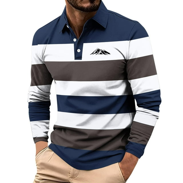 Ceisia Men's Outdoor-Style Striped Collared Long-Sleeve Polo Shirt | Slim Spring Casual Top Gift