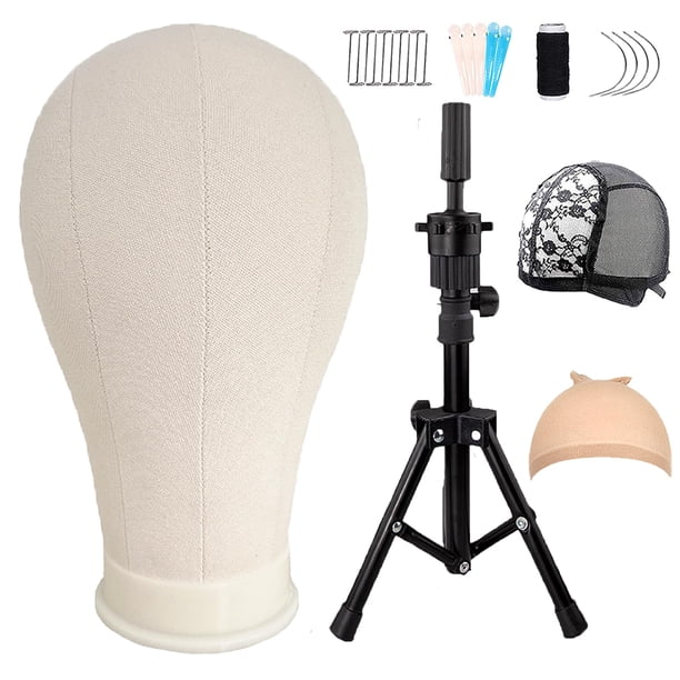 Trípode para peluca de 23 pulgadas con cabeza de lona para peluca, soporte para cabeza de peluca con cabeza de maniquí para pelucas, maniquí, juego de bloques de cabeza de lona para exhibición de pelu
