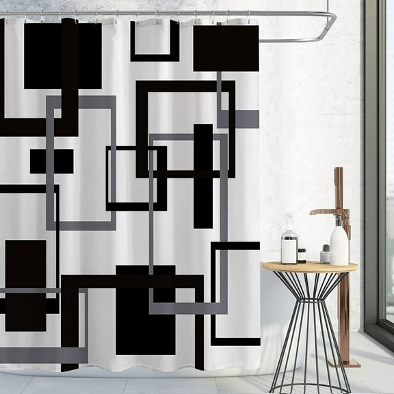 Geometric Fabric Shower Curtain Set, Abstract Mid Century Modern Minimalist Waterproof Shower Curtain for Bathroom Decor, 72 x 72, Black and White Black Grey