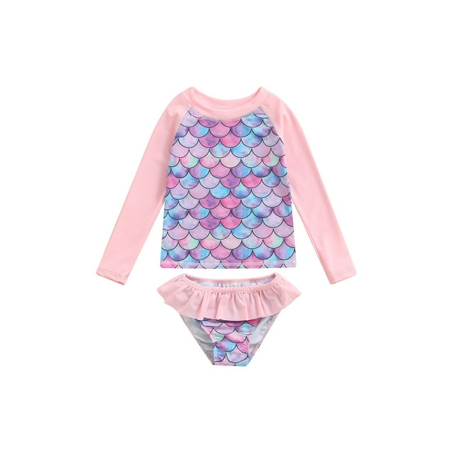 Xingqing Kids Child Girls Two Piece Bikini Set Mermaid Print Long Sleeve Tops and Ruffle Shorts Swimsuit Pink 6-7 Years