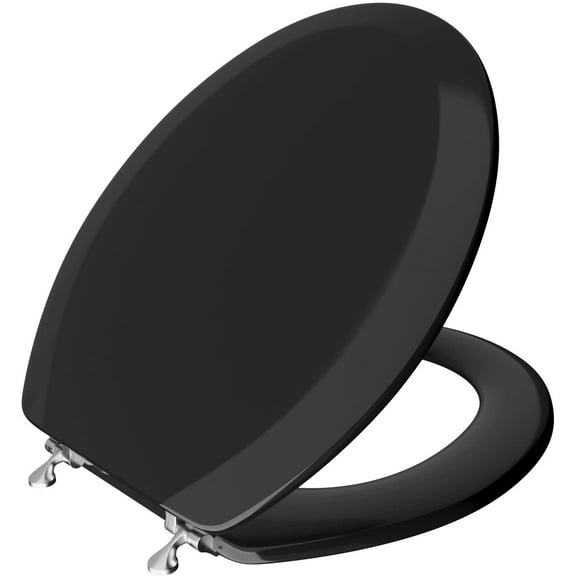 Black Deluxe Molded Wood Toilet Seat With Chrome Hinges, Round Comfort Seats