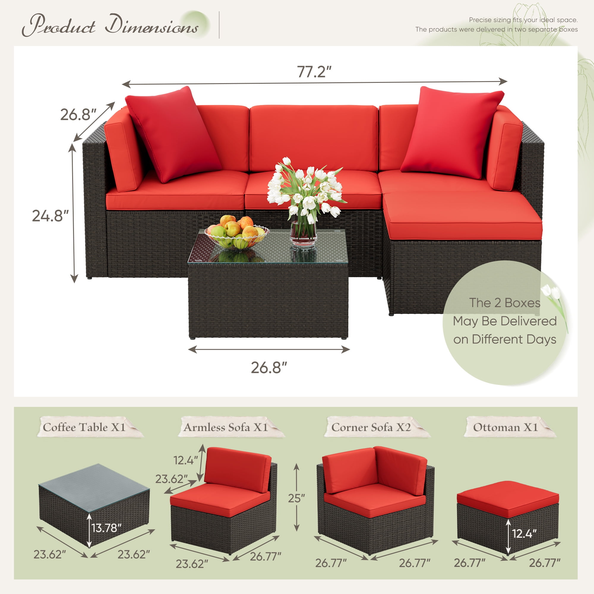 Lacoo 5 PCS Patio Outdoor Furniture Wicker Sectional Sofa With Cushion, Red
