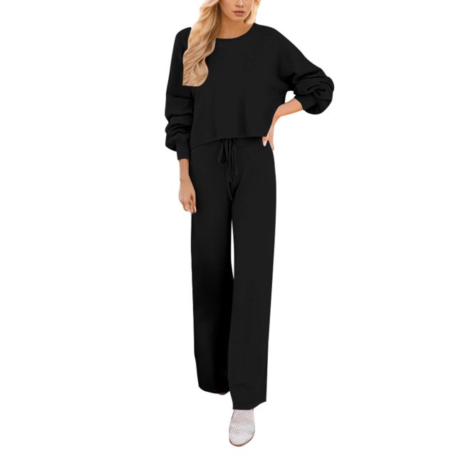 Gibobby Pijama para mujer invierno Conjunto de punto de 2 piezas para mujer, de manga larga, suéter, pantalón de pierna ancha, trajes(Negro,M)