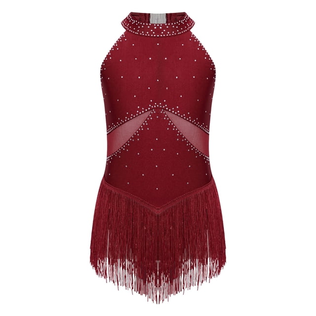 YONGHS Robe de Danse Latine à Franges pour Filles, Costume de Bal à Sequins, Tango Rumba, Bourgogne 8