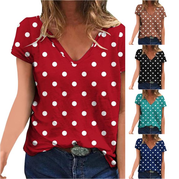 ZHOGXU Women's T Shirt Polka Dot Printed V Neck Short Sleeve Loose Fit Lightweight Comfortable Breathable Tee Top For Daily Wear ,Red,M