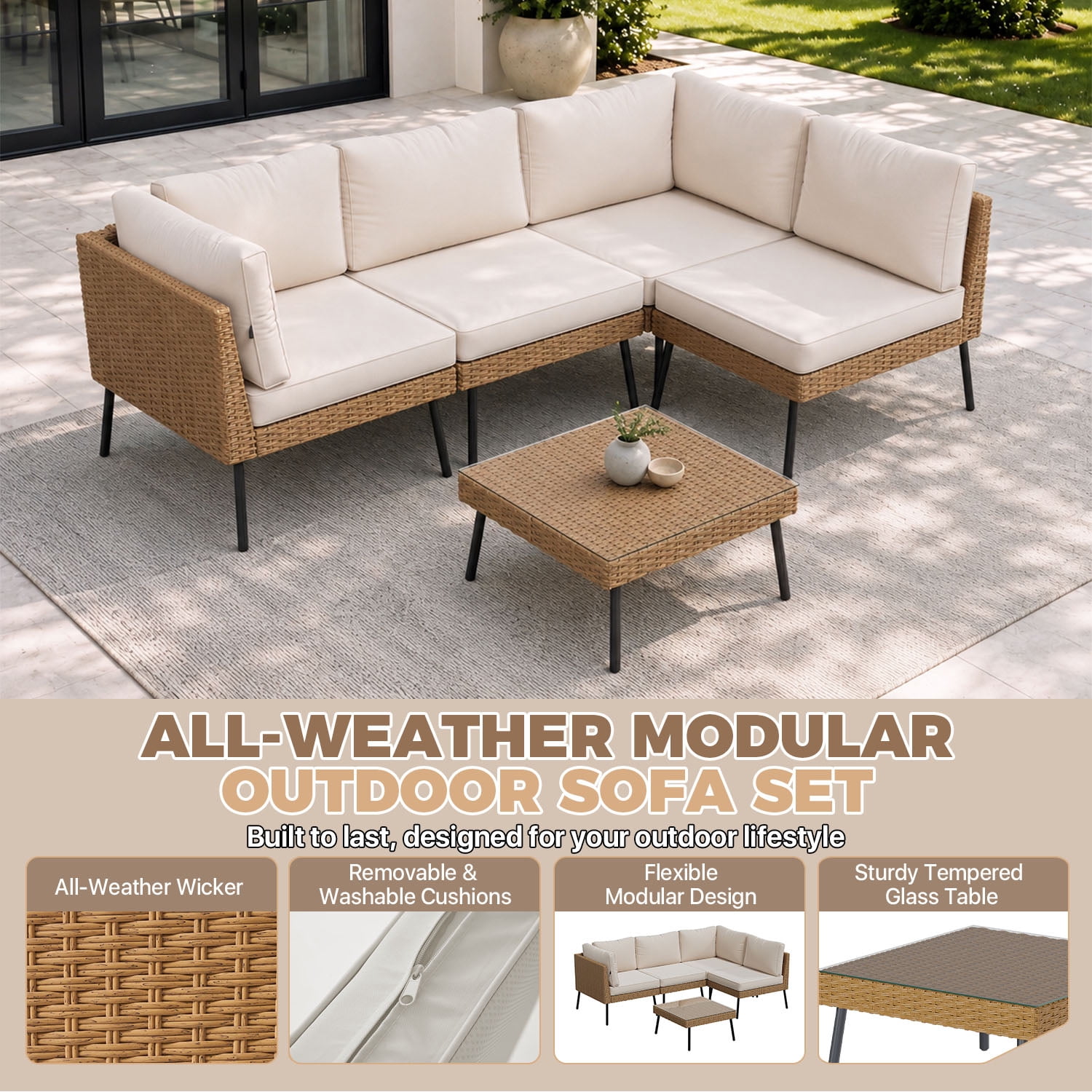 BaPiPro 5-Piece Modular Outdoor PE Rattan Sectional Sofa Set, All Weather Patio Furniture with Removable 4" High Density Cushions & Tempered Glass Coffee Table for Backyard Garden Courtyard, Beige