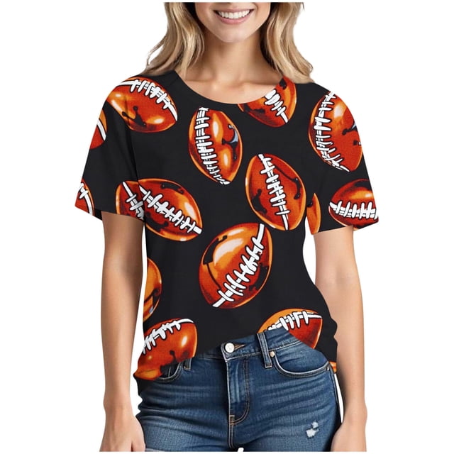 T-Shirt pour Femmes Décontracté à Manches Courtes, Col Rond, avec Imprimé de Football en Mélange de Polyester et d'Élasthanne pour le Quotidien et les Fêtes