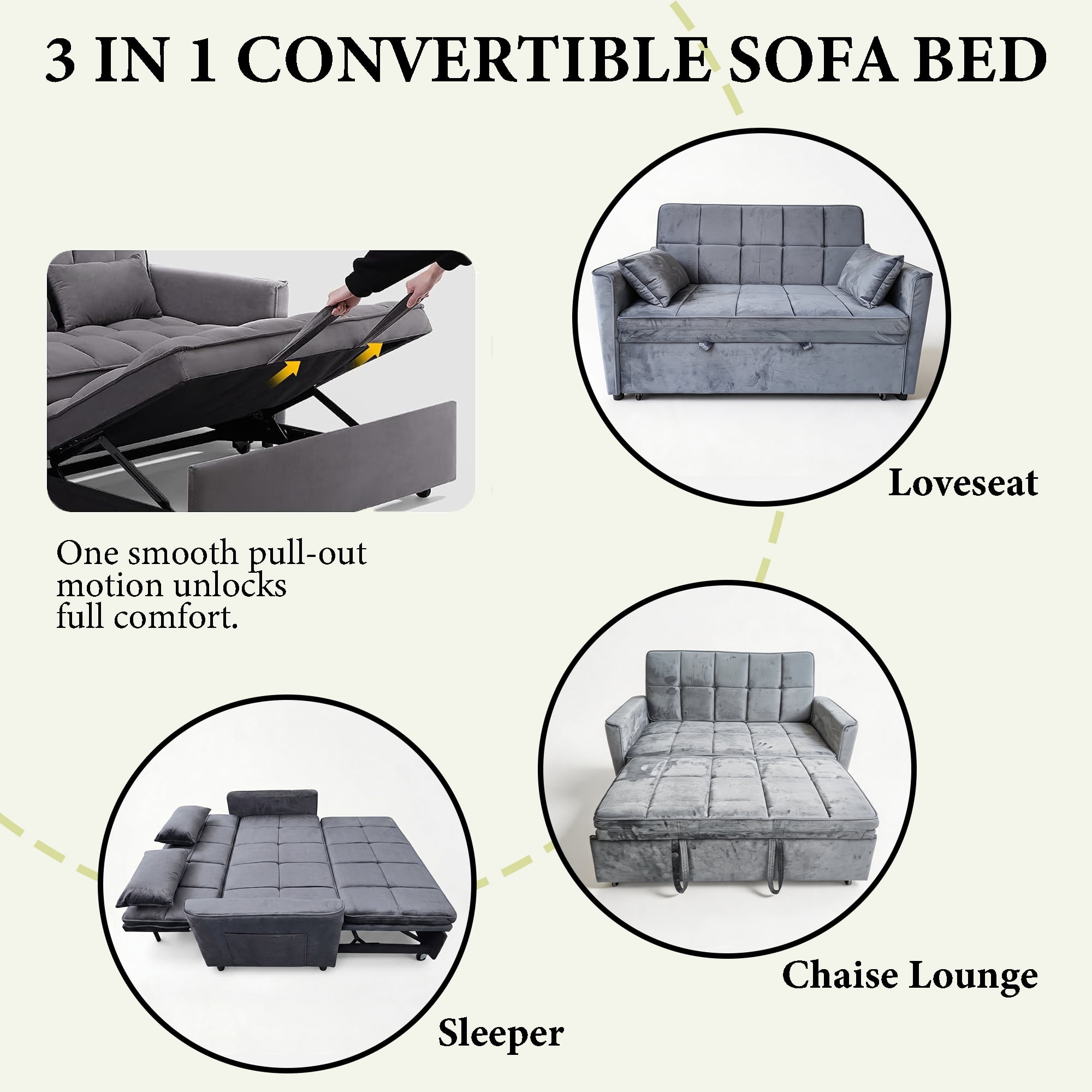 WAKEFIT 54" Pull-Out Sleeper Sofa Bed,3-in-1 Convertible Loveseat Couch with Adjustable Backrest for Small Living Room,Velvet,Dark Gray