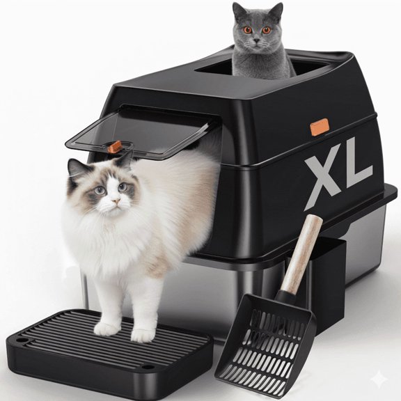 Gimars 3-in-1 High Sided Stainless Steel Cat Litter Box with Lid, Extra Large Litter Tray with Scoop, Front and Top Entry for Multiple Cats