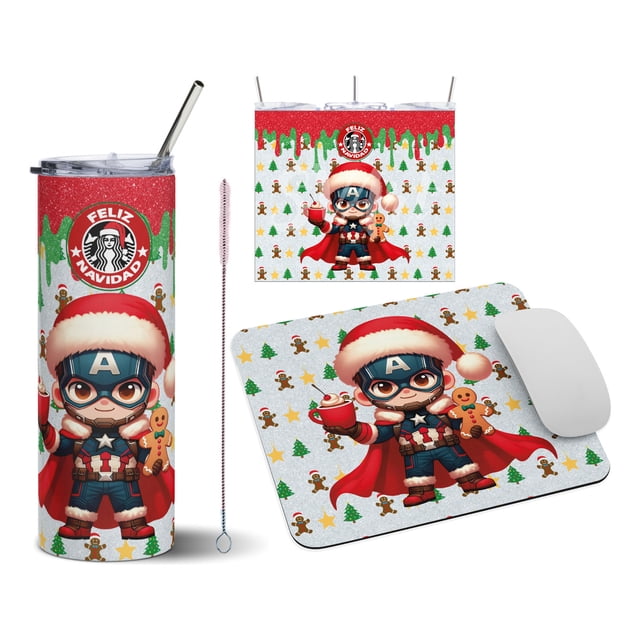 Termo Tumbler + Mouse Pad SVART 20 oz diseño Capitan America Chibi Feliz navidad