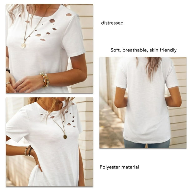 Camisetas desgastadas para mujer camiseta rota camiseta redonda rota camiseta desgastada para mujer confiable y duradera Walmart en linea