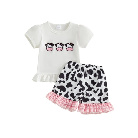 BemeyourBBs 2Pcs Toddler Baby Girls Cowgirl Outfits Western Baby Girl Summer Clothes Puff Short Sleeve Cow Bow Strawberry Embroidery T Shirt Tops and Ruffle Shorts Set