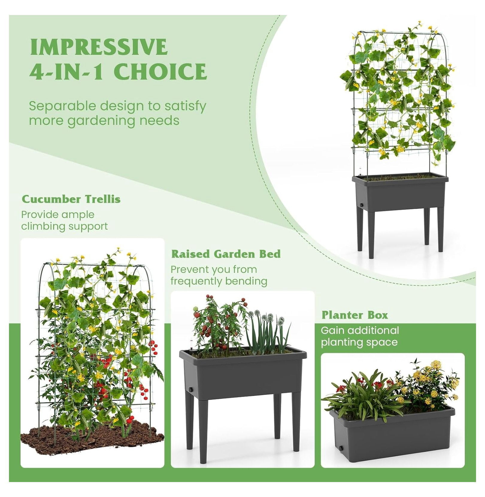 Raised Garden Bed with Trellis, 4 in 1 Self-Watering Planter w/Water Level Observer, Drainage Holes, Climbing Net & Detachable Legs, Garden Cucumber Planter for Vegetables Flowers