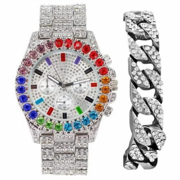 Charles Raymond Iced Out Mens Color on Blast Watch Single or Combo Sets with Blinged Out Bracelets Set. Iced Out Colourful Rainbow Flame Collection (ST10327CO-C SLV)
