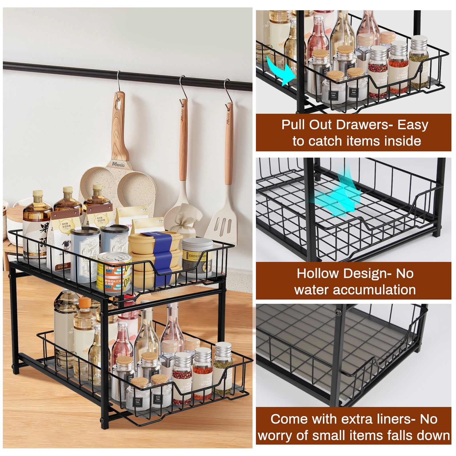 NUBILY Under Sink Organizer 2 Tier Pull Out Rustproof Sliding Drawer for Kitchen Bathroom Cabinet Black