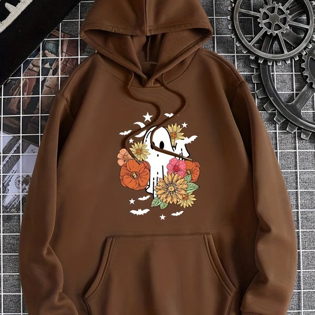 Sudadera Con Capucha Con Bolsillo De Canguro Con Estampado De Halloween, Sudadera Con Capucha De Manga Larga Informal Con Cordón, Ropa De Mujer