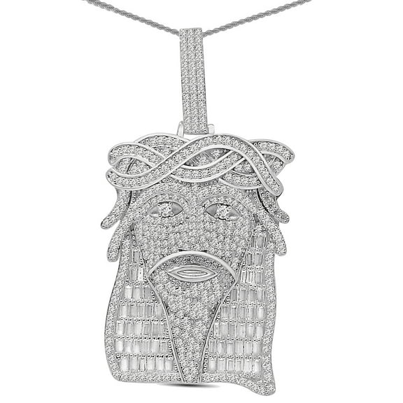 Real Sterling Silver 29  Grams 4.25 Baguette/Round Cut Simulated Diamond 14K White Gold On Jesus Face Piece Pendant Charm Big 2.75''   Free Chain