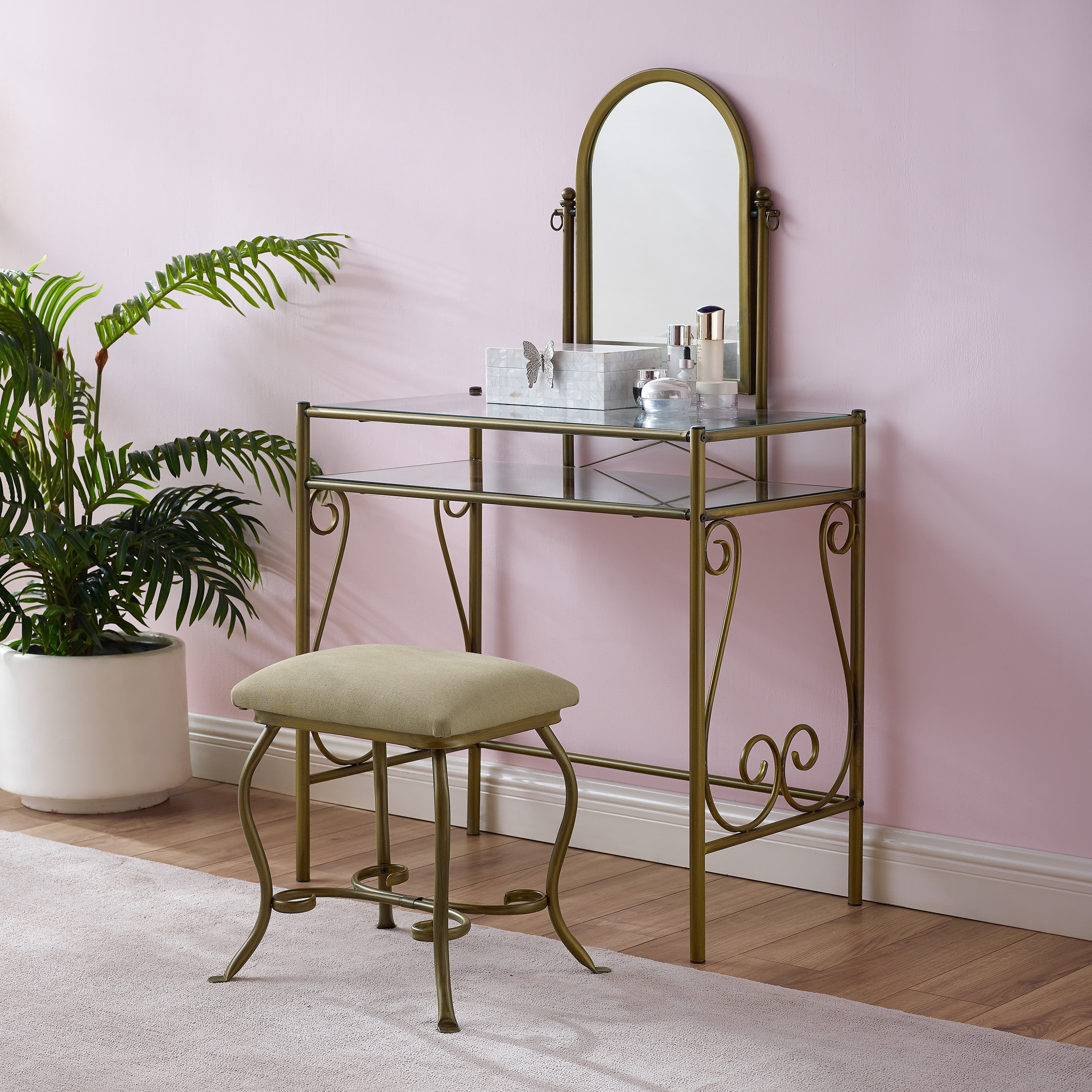 Linon Clarisse Vanity And Bench Stool, Gold Mirrored Vanity Bench